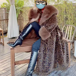 Ladies Over-knee Faux Mink Fur Coat with Fox Fur Collar