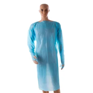 Batas de aislamiento CPE resistentes a fluidos azules fuertes con bucle para el pulgar Paquete 100