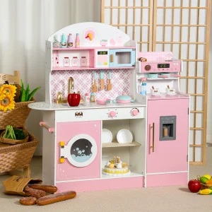 Children's Wooden Pretend Kitchen Play Set with Coffee Machine &amp; Refrigerator Educational Interactive Parent-Child Cooking Toy