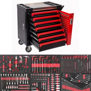 Seven-Drawer Lockable Red Steel Tool Set