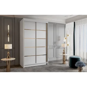 Modern White Sliding Door Wardrobe with Gold Accents and Sleek Design for Efficient Storage