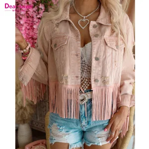 Dear-Lover Fashion Cotton Pink Distressed Fringed Cropped Jean Coat Outdoor Ladies Women Shacket Custom Denim Jacket