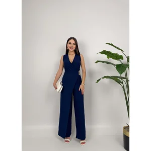 MissJANELL Women's 3019 Black Satin Jumpsuit with Waist Buckle Detail