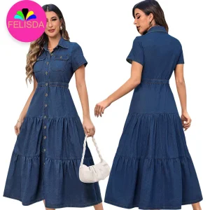 Plus Size Women Clothing Denim Dress Fashion Turn Down Collar Casual Long Streetwear Elegant A-Line Mom Jeans Dresses Vestidos