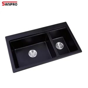 Sanipro Hot Sale Black Undermount Granite Sink Double Bowl Quartz Stone Composite Kitchen Basin Sinks with Drainer