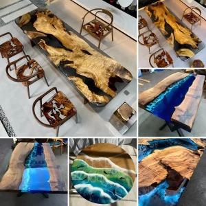 OEM Factory Resin Epoxy Table Top High Glossy Tea Table Dining Table Coffee Table Stainless Steel Metal Living Room Nesting Side