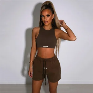 Conjunto de Top Cropped Halter e Shorts para Mulheres, Roupas de Ginástica, Calças Casuais, Roupa Esportiva