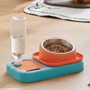 Beveled Anti-Tipping Dog Bowls Cat Food and Water Bowl Set with Water Dispenser Slow Feeder and Stainless Steel Bowl for Pets