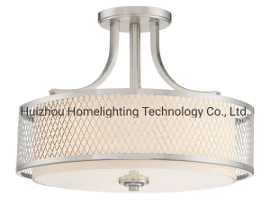 Jlc-Fs06 Mesh Fabric Shade 3-Light Semi-Flush Mount Ceiling Light Fixture with Tempered Glass Diffuser
