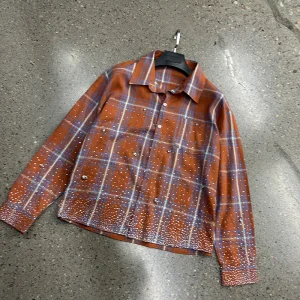 High Quality Men's Orange Plaid Shirt With Rhinestones