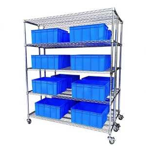 Chrome-plated 4/5 Layer Silver Wire Mesh Shelving Stainless Steel Home Storage Rack Wheels Movable Display Stand Hook-up