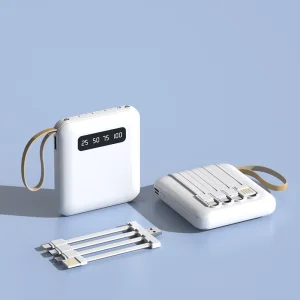 20000mAh High-Capacity Portable Power Bank with Custom Logo, Compact Design and Built-in Cable.