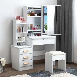 Modern Bedroom Wooden Tocador Vanity Dressing Table with Sliding Doors Lighted Mirror Foldable Design Removable Drawers