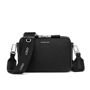 Custom Logo Black PU Saffinao Leather Casual Men Mini Crossbody Sling Sports Bagpack