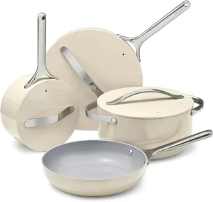 Non-Stick Ceramic Cookware Set (12 Piece) Pots, Pans, Lids and Kitchen Storage - Pfas &amp; Pfoa Free - Oven Safe Pan Set &amp; Compatible with All Stovetops - Cream