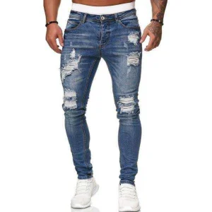Factory Wholesale Custom Logo Apparel Designers Trendy Washed Pencil Long Pants Black Stretch Trouser Mens Ripped Denim Slim Fit Jeans