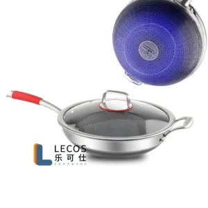 LECOS Best Selling Master Chef Home Cooking Stir Fry Wok Honeycomb Tri Ply Non Stick Coating Stainless Steel Wok Pan with Lid