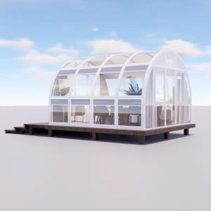 Iluminación y toldo de sol para invernaderos móviles de aluminio semi redondeados resistentes a la costa en villas de resort frente a la playa