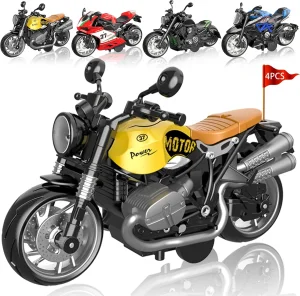Ibay 4-Pack Pull-Back Motorcycle Toys-Friction Powered Kids Toy Cars with Lights Sounds &amp; Automatic Drive for Boys &amp; Girls Aged 3-12