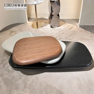 Design de Forma de Pedra Rotativa Móveis de MDF para Sala de Estar Mesa de Café Luxuosa Moderna em Madeira de Noz
