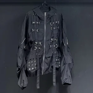 Custom Made Design Black Nylon Fabric Straps Pockets Rivet Softshell Windbreaker tactical Rain Waterproof Jacket
