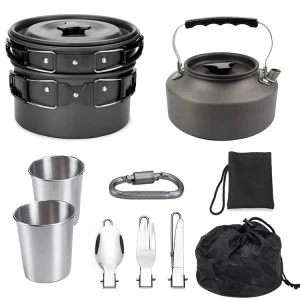 Outdoor Camping Induction Compatible Portable Cookware Set for 2-3 People with Folding Design Travel-Friendly Teapot Combination