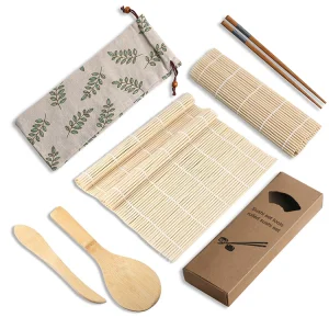 Home Kitchen 5 in 1 Bamboo Sushi Mats Rice Paddle Spreader Chopsticks Sushi Making Kit with Cloth Bag