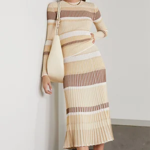 Custom Beige Metallic Striped Ribbed-knit Midi Skirt