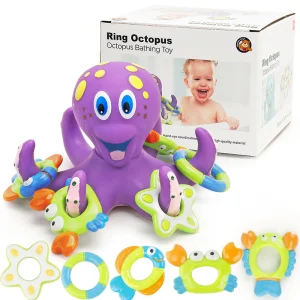 2022 Brinquedos de Banho Engraçados e Ecológicos Flutuantes em Cartoon para Bebês com 5 Anéis de Plástico Polvo Roxo para Crianças
