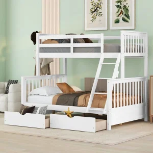 Cama litera de madera maciza matrimonial con cajones