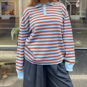 Women Y2K Vintage Striped Contrast Color Button Sweater Loose Fit Casual Long Sleeve Pullover