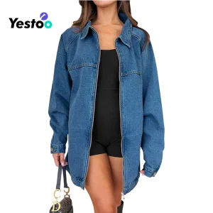 Women's Oversized Denim Jacket Zip Front Long Sleeve Pocket Casual