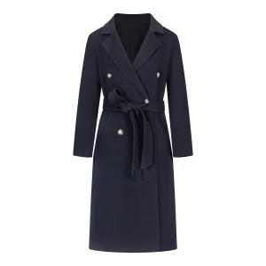 Women's Classic Double-Breasted Trench Wool Coat - 10% Cashmere &amp; 90% Wool Blend, with Waist Belt