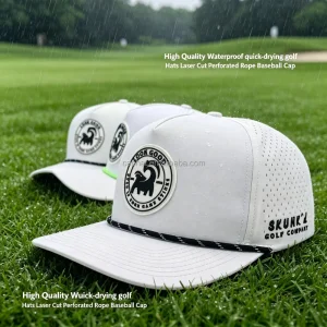 Custom 5 Panel Rubber PVC Logo Waterproof Baseball Cap Laser Cut Hole Perforated Caps Performance Sports Rope Golf Hats