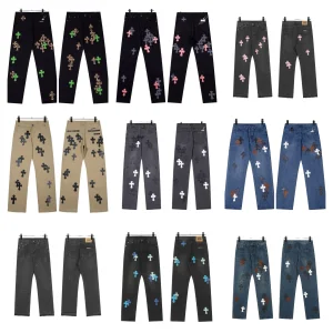 Classic Men's Women's Embroidered Chrome-plated Heart-shaped Straight-leg Denim Pants Totem Patches-Casual Fashionable Couple