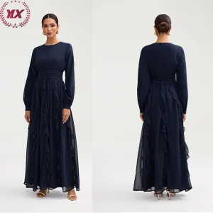 Fashion Casual Women's Modest Dress Street Wear Long Gathered Sleeve Layered Ruffle Maxi with Cinched Pleated Waist