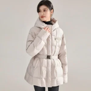 Women's Hooded Reversible Puffer Jacket Winter Warm Slim Fit Long Down Coat with Nylon Logo and Button