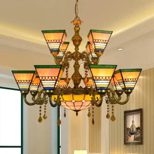 Europa Large Vintage Colored Glass Light Art Crystal Double Layered Lighting Hotel Living Room 2 Tier Suspension Lamp Luxury Tiffany Chandelier