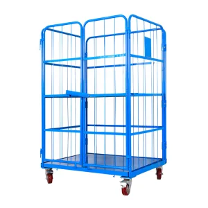 Mobile Transporting Foldable Galvanized Warehouse Steel 3 Mesh Sides Roll Cage Trolley
