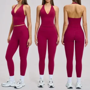 Stylish Sports Gym Fitness Yoga Clothing with Halter Deep V-Neck Backless Yoga Top + Butt Lifting Leggings for Workout