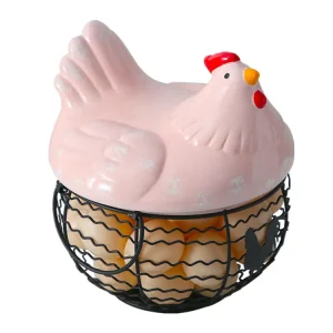 OEM Macaron Pink Distressed Ceramic Hen Lid Iron Wire Basket Storage Decor Factories, Exporters