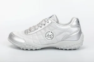 Custom White & Silver PU Casual Walking Sneakers with Textured Rubber Sole for Ladies Wholesale