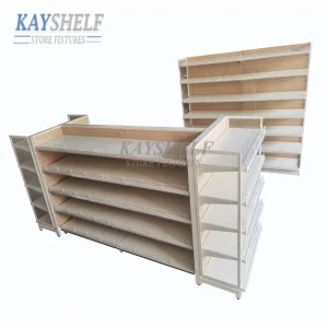 Superior Quality Retail Store Wooden Grain Perforated Panel Display Rack Grocery Shelf for Supermarket