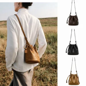 Qiu PU Yunshu Small Bucket Bag Retro Simple All-match Single Shoulder Crossbody Drawstring Solid-color Stitching