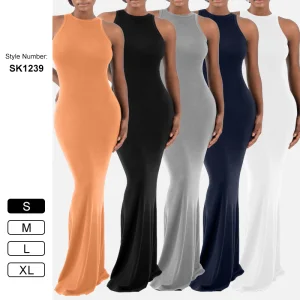 Vestido Maxi Casual Sem Mangas em Malha Ribana para Mulheres