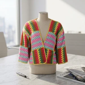 Rainbow Patchwork Boho Crochet Cardigan