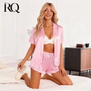 RQ Women's Satin Knitted Polyester Spandex V-Neck Short Sleeve Print Pajamas Set Breathable Quick Dry Casual 2-Piece OEM