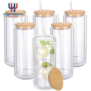Free Sample 16oz Double Walled Glass Tumbler Cup with Bamboo Lid and Straw