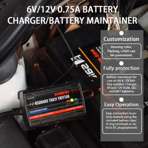 0.75A 6V 12V Motorcycle Battery Maintainer, Smart Trickle Battery Charger 12V Battery Charger Price