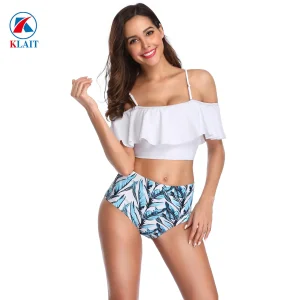 Moda Praia Feminina 2PCS Impressão Personalizada de Nylon com Renda e Alças Altas